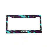 Vintage style license plate frame with multicolor pattern and 'HKS' branding in the center.