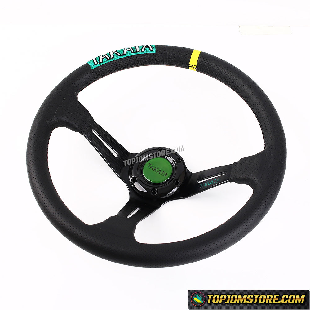 Tanaka 350mm Deep Dish Steering Wheel - 6 Bolt, Carbon Fiber Look, Black/Red