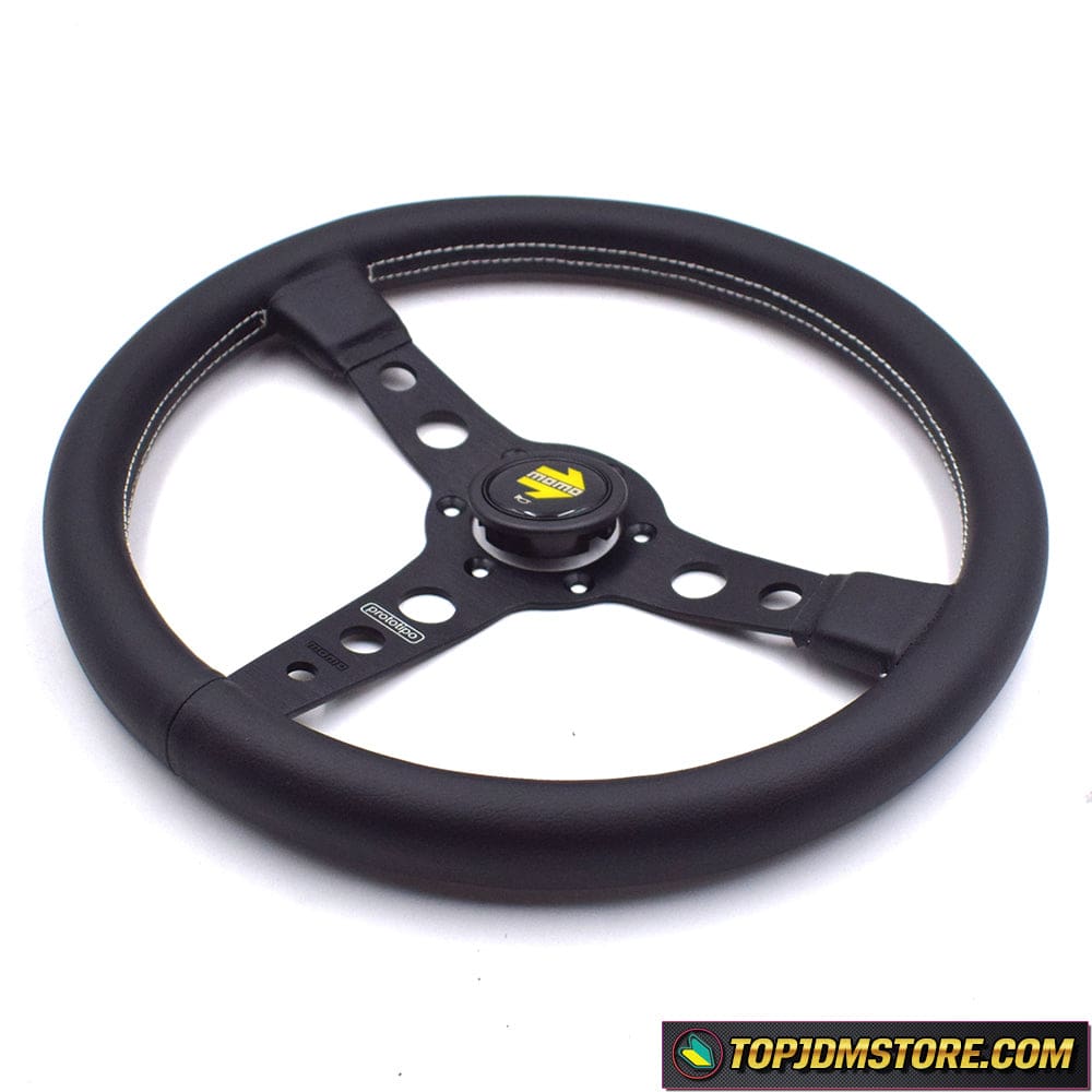 Dyno Racing 14" Deep Dish Steering Wheel – 6 Bolt, PU Leather, Red, With Horn Button