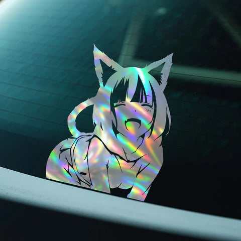 Holographic anime character decal on a car window