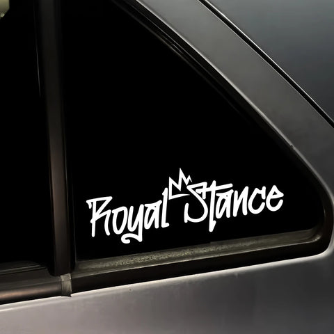 White 'Royal Stance' logo on a car window