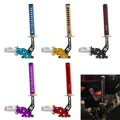 High-quality CNC aluminum samurai sword hydraulic handbrake available in Black, Purple, Gold, and Blue.