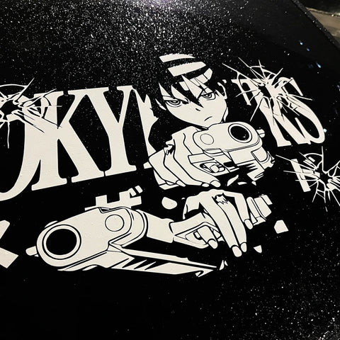 Black and white graphic design with anime-style character and text on a black background