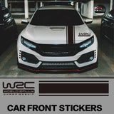 White car with WRC stickers in a parking garage