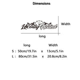 Dimensions chart for 'Locally Hated' car stickers with size specifications.