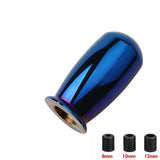 Blue metallic valve stem cap with three black valve stems of different sizes on a white background