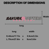 Measurement chart for Sakura Drifters product with dimensions and features.
