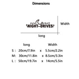 Dimensions chart for car stickers with Night-Drives logo