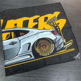 Fabric with a car design and 'AFTER' text on a black background