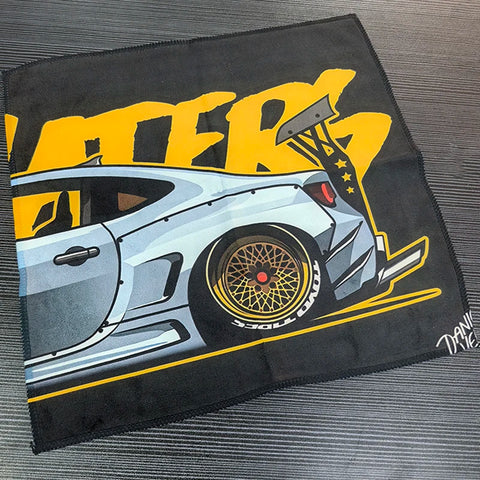 Fabric with a car design and 'AFTER' text on a black background