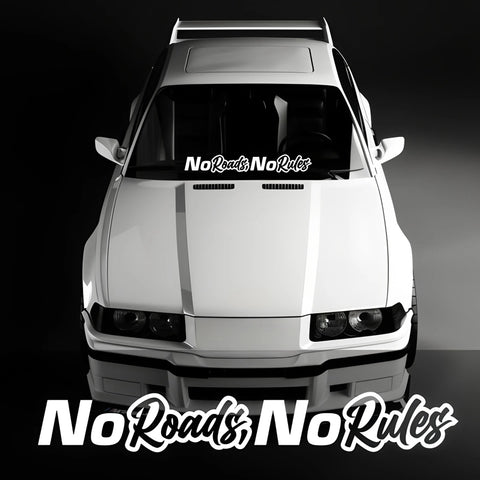 White car with 'No Roads, No Rules' decal on a black background