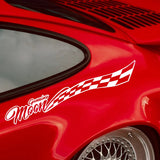 Close-up of a red car with a white checkered decal and 'Genuine Moon' branding.