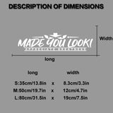 Measurement chart for 'Made You Look!' stickers with dimensions on a gray background