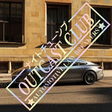 Car parked on a street with 'Outcast Club' branding overlay
