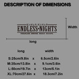 Measurement chart for 'Endless Nights' product with dimensions and branding.