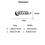 Dimensions chart for car stickers with 'Pursue Your Dreams' logo.