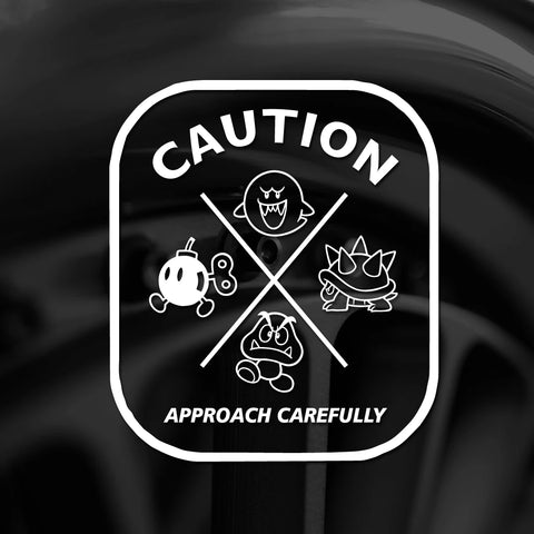 Caution sign with cartoon characters on a dark background