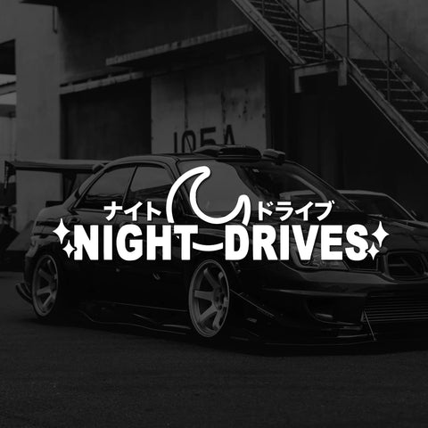 Black and white car with 'NIGHT DRIVES' logo and text in a dark setting