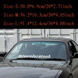Car with a 'misunderstood' decal on the windshield, size chart above.