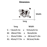Dimensions chart for car stickers with a cartoon character illustration.