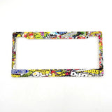 High-detail view of the JDM sticker bomb license plate frame featuring various colorful racing and tuner logos.