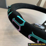 Steering wheel cover with colorful design on a steering wheel