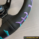 Steering wheel cover with purple and blue accents on a wooden surface, featuring the TopJDMStore.com logo.