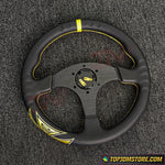 Black steering wheel with yellow accents on a textured gray background