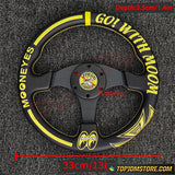 Steering wheel with yellow text on a textured gray background