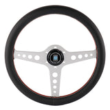 ND 350mm black leather steering wheel with drilled aluminum spokes and red stitching.