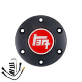 TEQ JDM Horn Button with red vintage logo and black aluminum ring for aftermarket steering wheels.