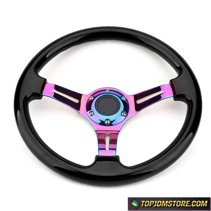 Front view of a 350mm JDM Steering Wheel featuring a vibrant Neo Chrome 3-spoke aluminum center and a high-gloss black ABS grip.