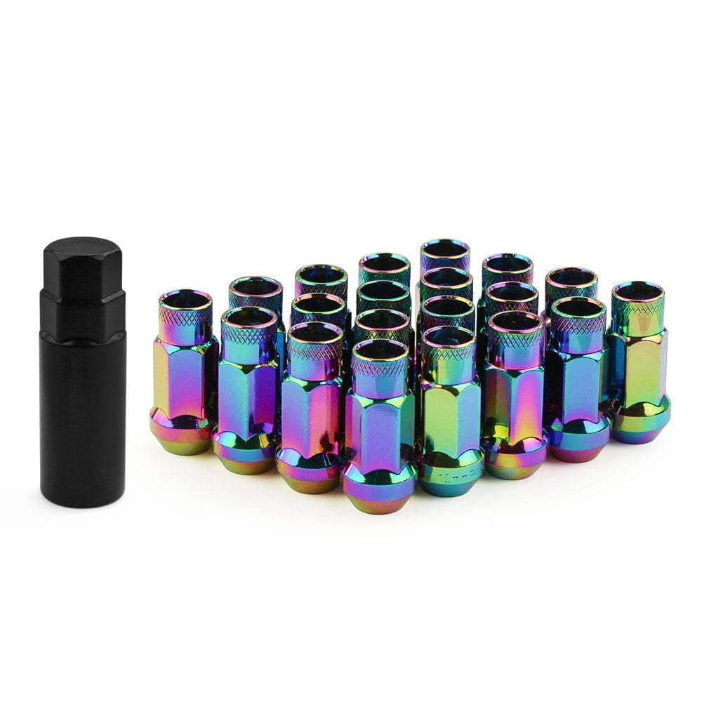 20pc Baking Blue M12x1.5 Racing Lug Nuts With Key – 48mm Extended JDM SR48 Style For Aftermarket Wheels